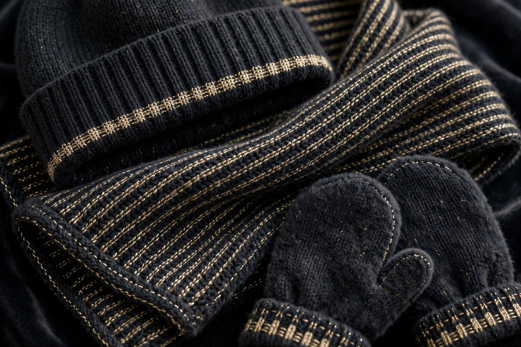 Gros plan sur la maille douce et les finitions soignées de l'ensemble d'hiver 3 pièces pour enfant DULUXE