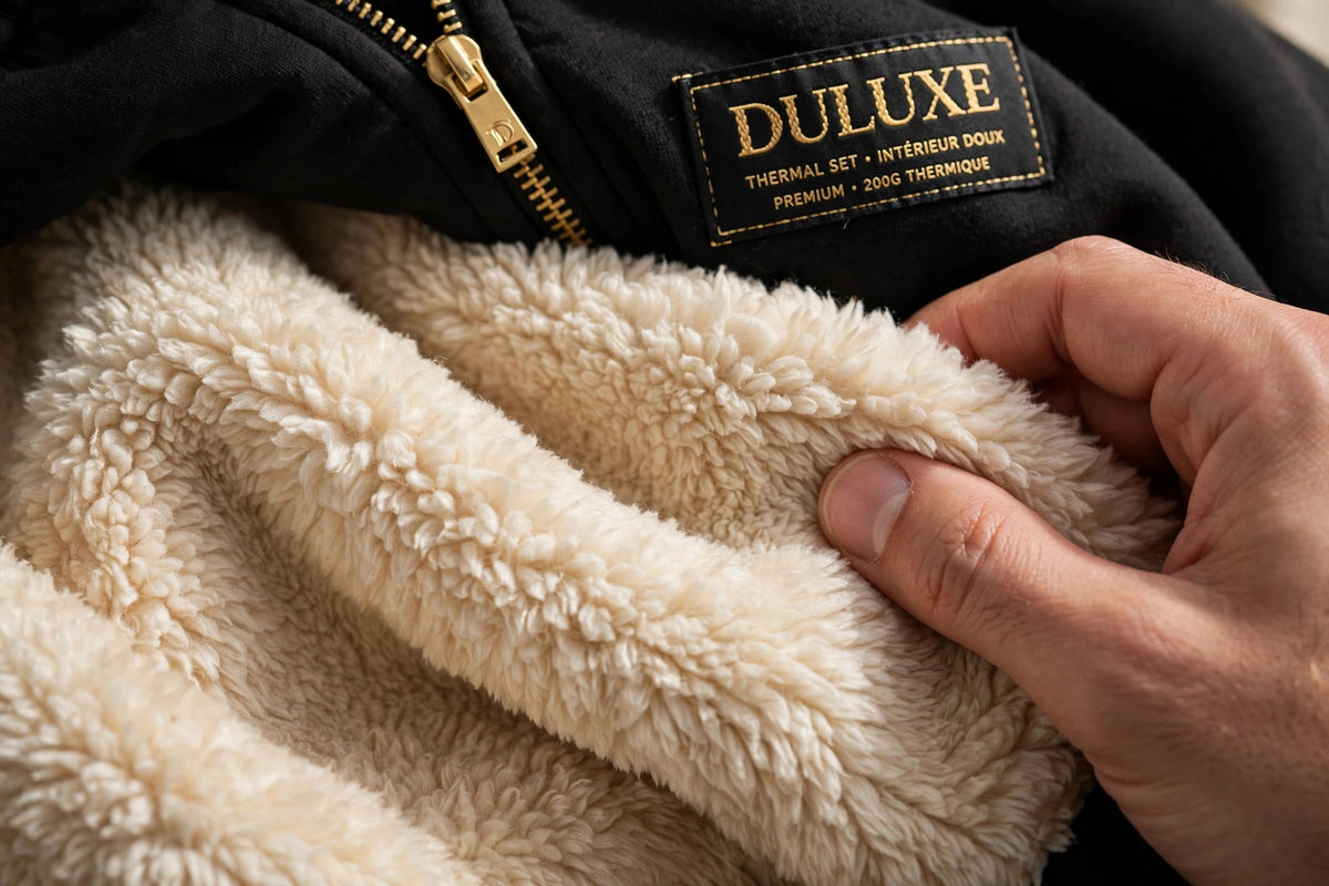 Gros plan sur la doublure douce et moelleuse de l'ensemble thermique pour homme, intérieur chaud et confortable contre la peau