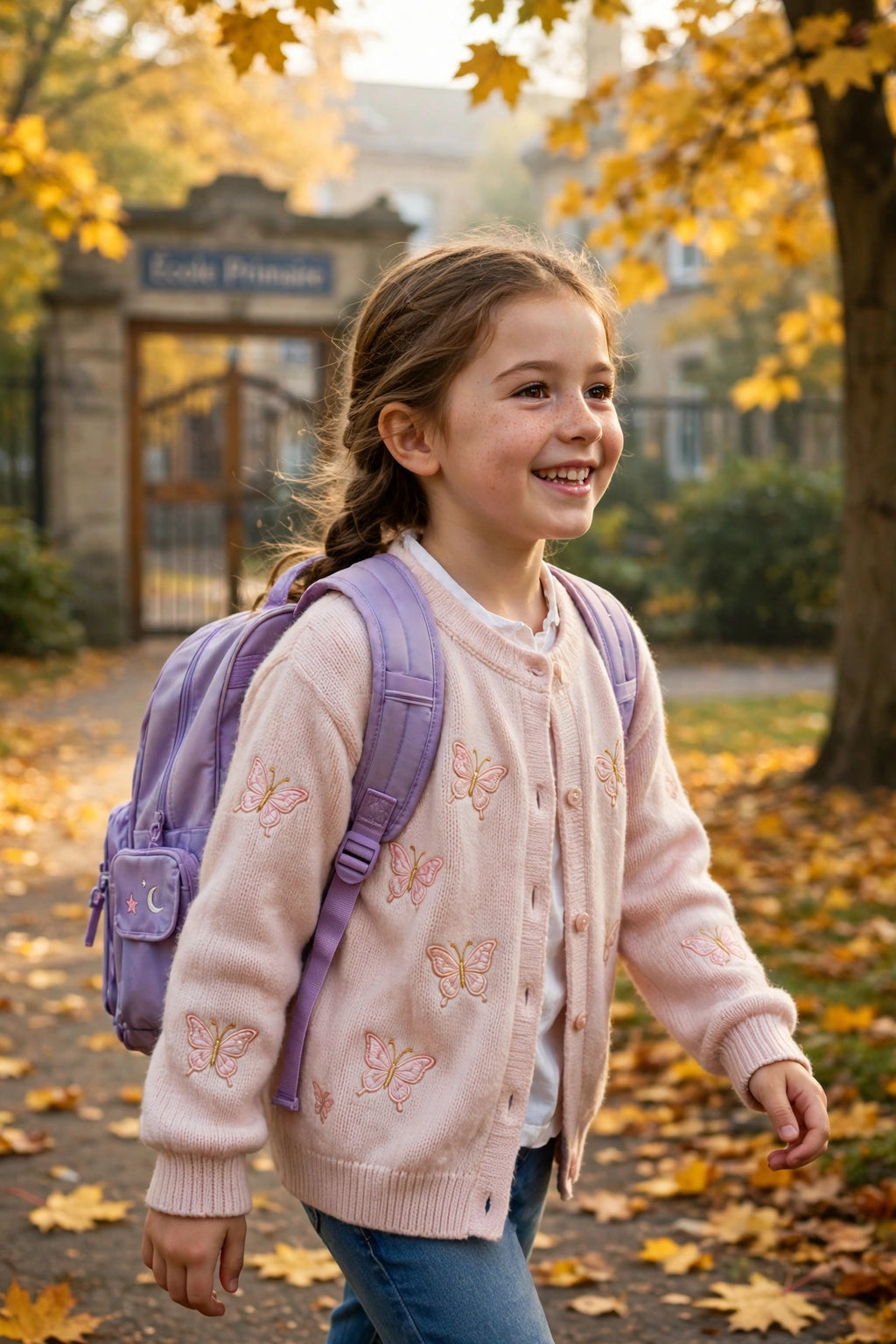 Fillette portant le cardigan papillon rose pâle avec son sac d'école un matin d'automne