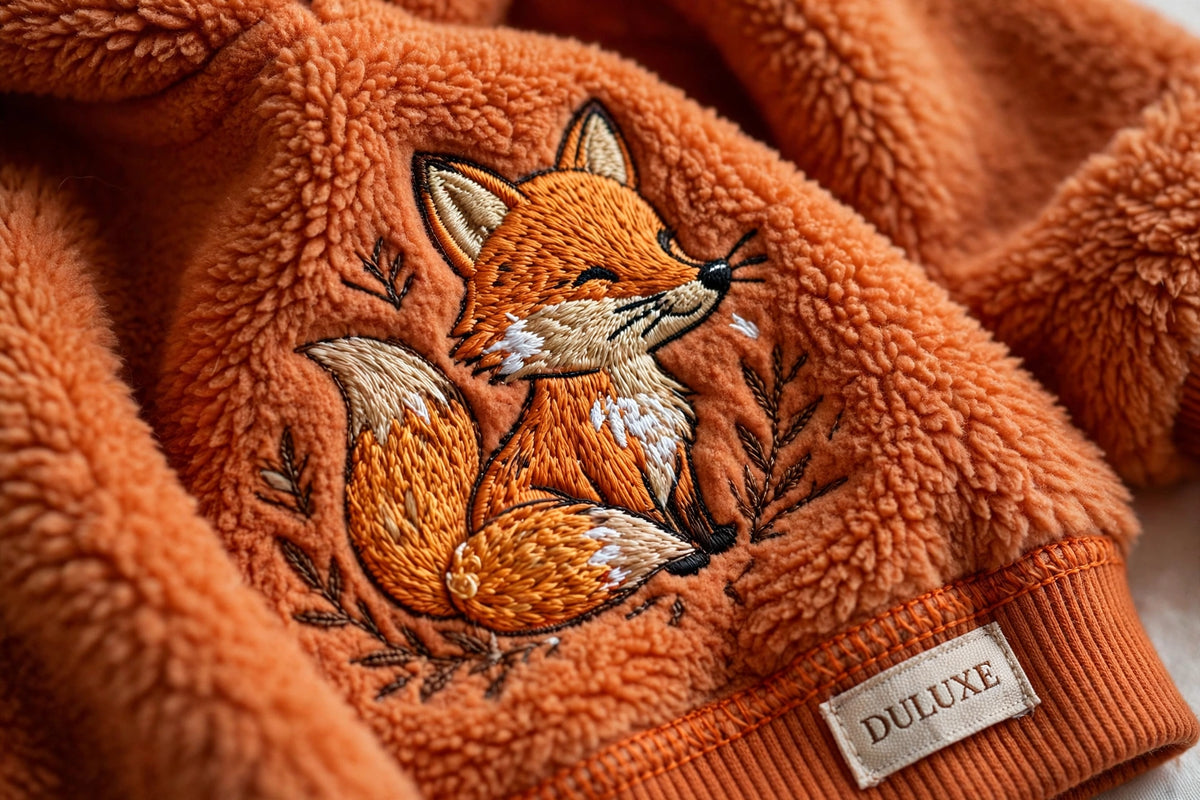 Gros plan du motif renard brodé et du molleton doux du sweat pour enfant DULUXE