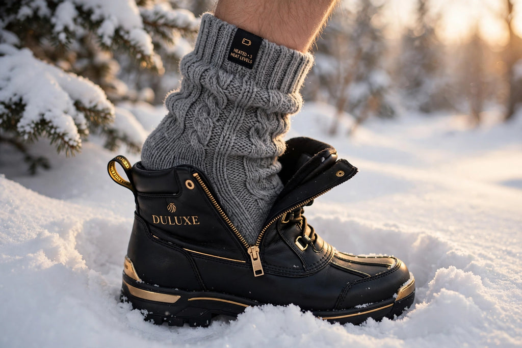 Homme portant les chaussettes chauffantes grises avec ses bottes d'hiver dans la neige fraîche au Québec, lumière dorée