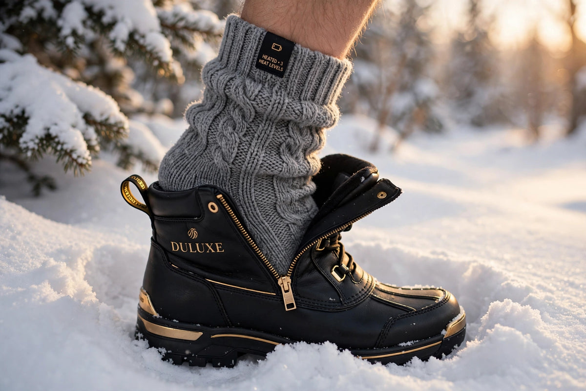 Homme portant les chaussettes chauffantes grises avec ses bottes d'hiver dans la neige fraîche au Québec, lumière dorée