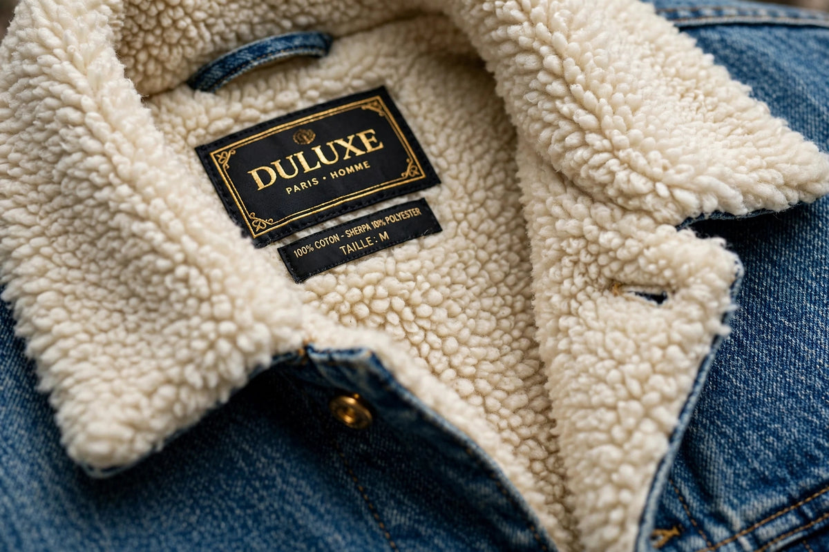 Gros plan du col et de la doublure sherpa crème chaude de la veste en jean pour homme
