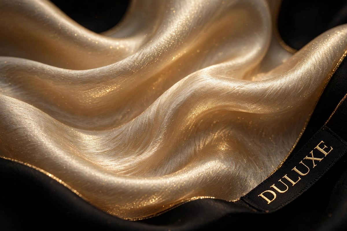 Gros plan sur la texture lisse et brillante de la soie de mûrier champagne dorée, reflets lumineux dorés