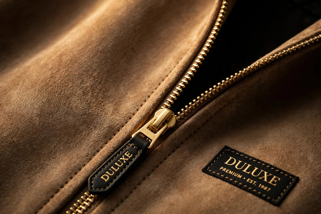 Gros plan de la texture veloutée du suède et de la fermeture éclair premium de la veste pour homme DULUXE