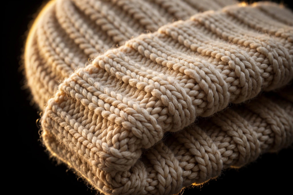 Gros plan sur le tricot côtelé épais et le revers du bonnet tricoté douillet