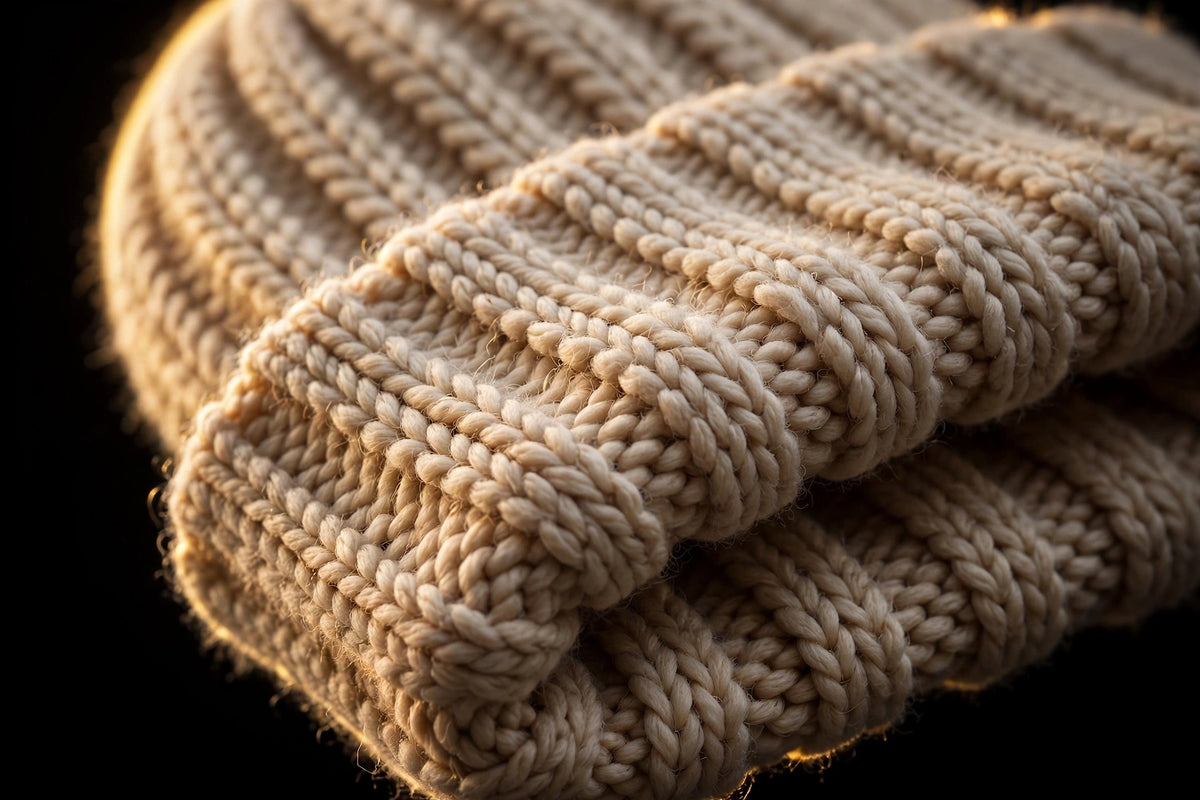 Gros plan sur le tricot côtelé épais et le revers du bonnet tricoté douillet