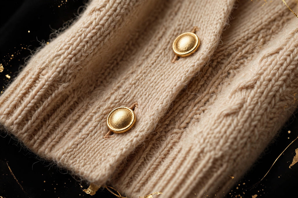 Gros plan sur la maille douce et les boutons dorés de l'ensemble cardigan 4 pièces pour femme DULUXE