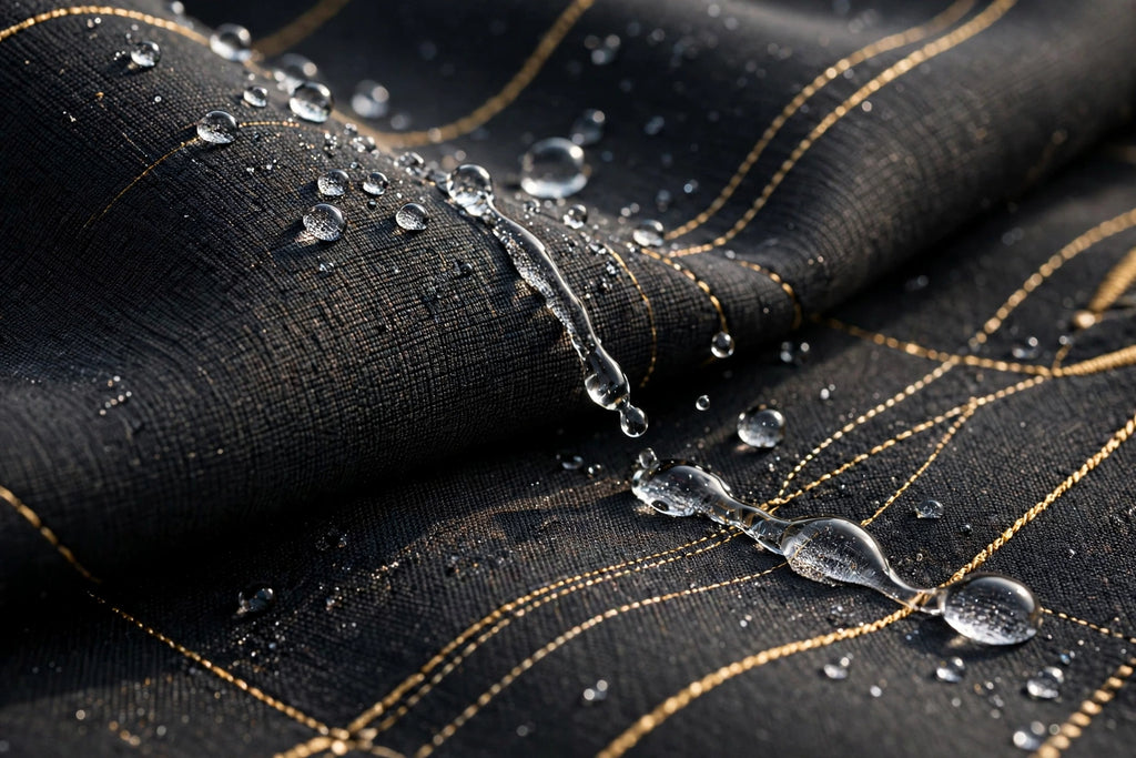Gros plan du tissu softshell déperlant, gouttes d'eau qui perlent sur la veste imperméable noire