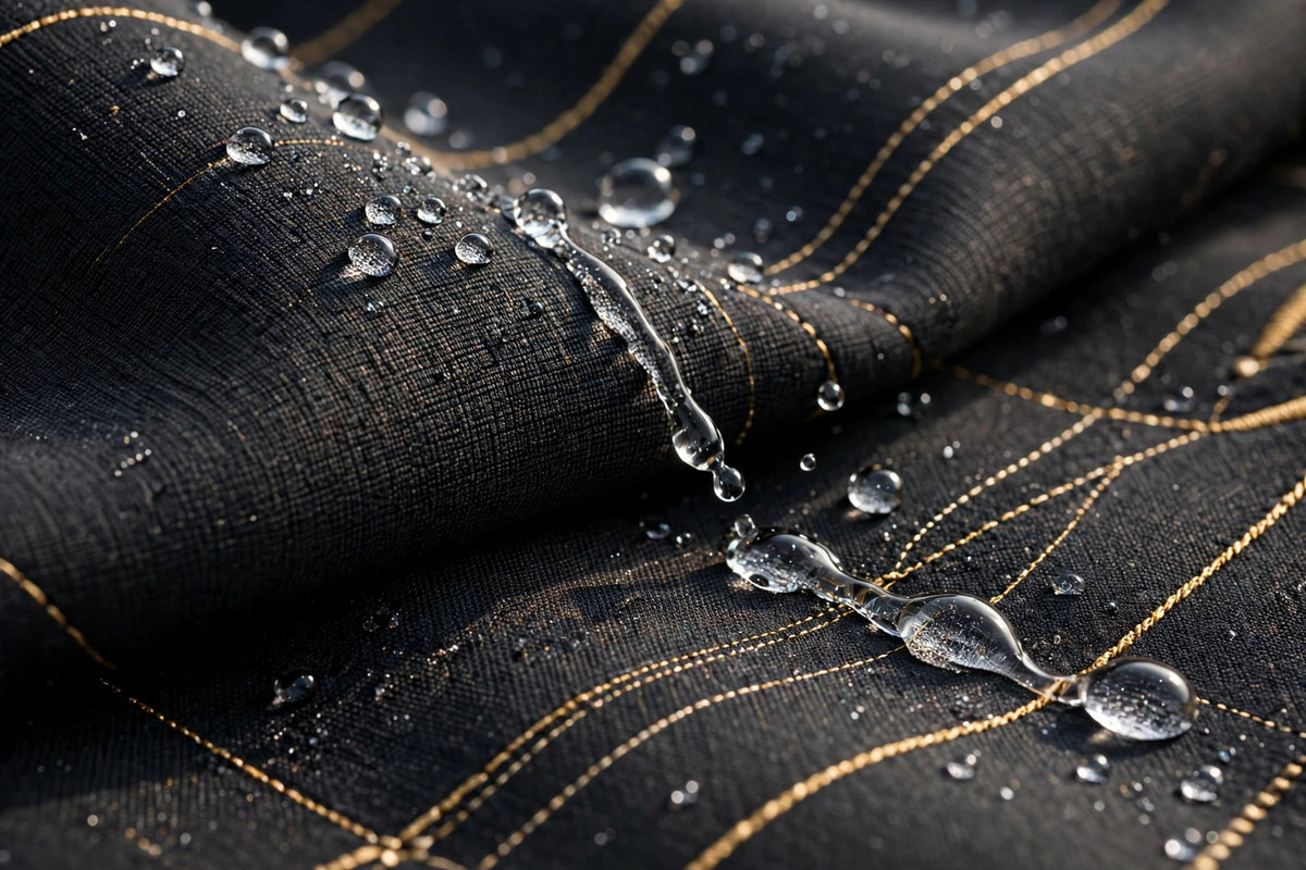 Gros plan du tissu softshell déperlant, gouttes d'eau qui perlent sur la veste imperméable noire