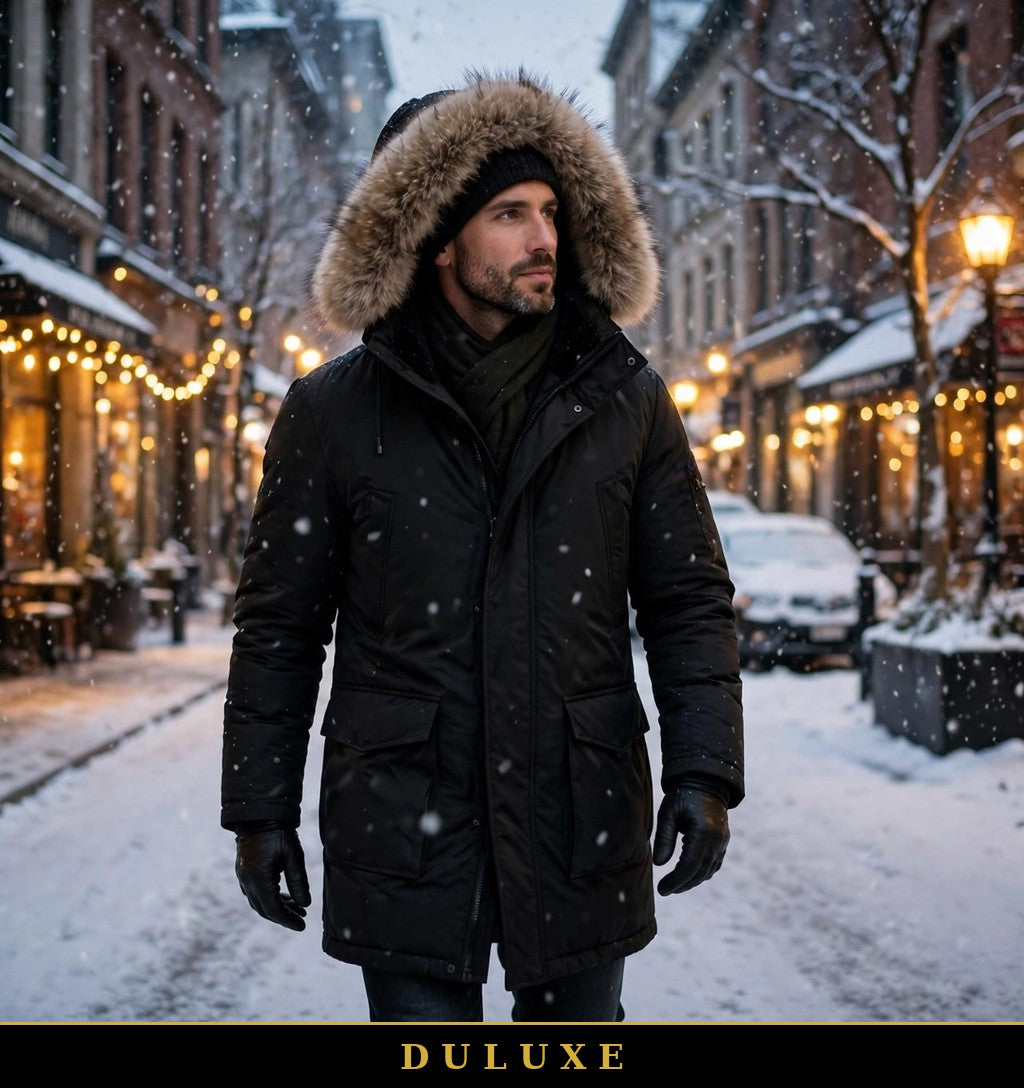 Homme en parka long noir DULUXE marchant dans une rue enneigée au Canada