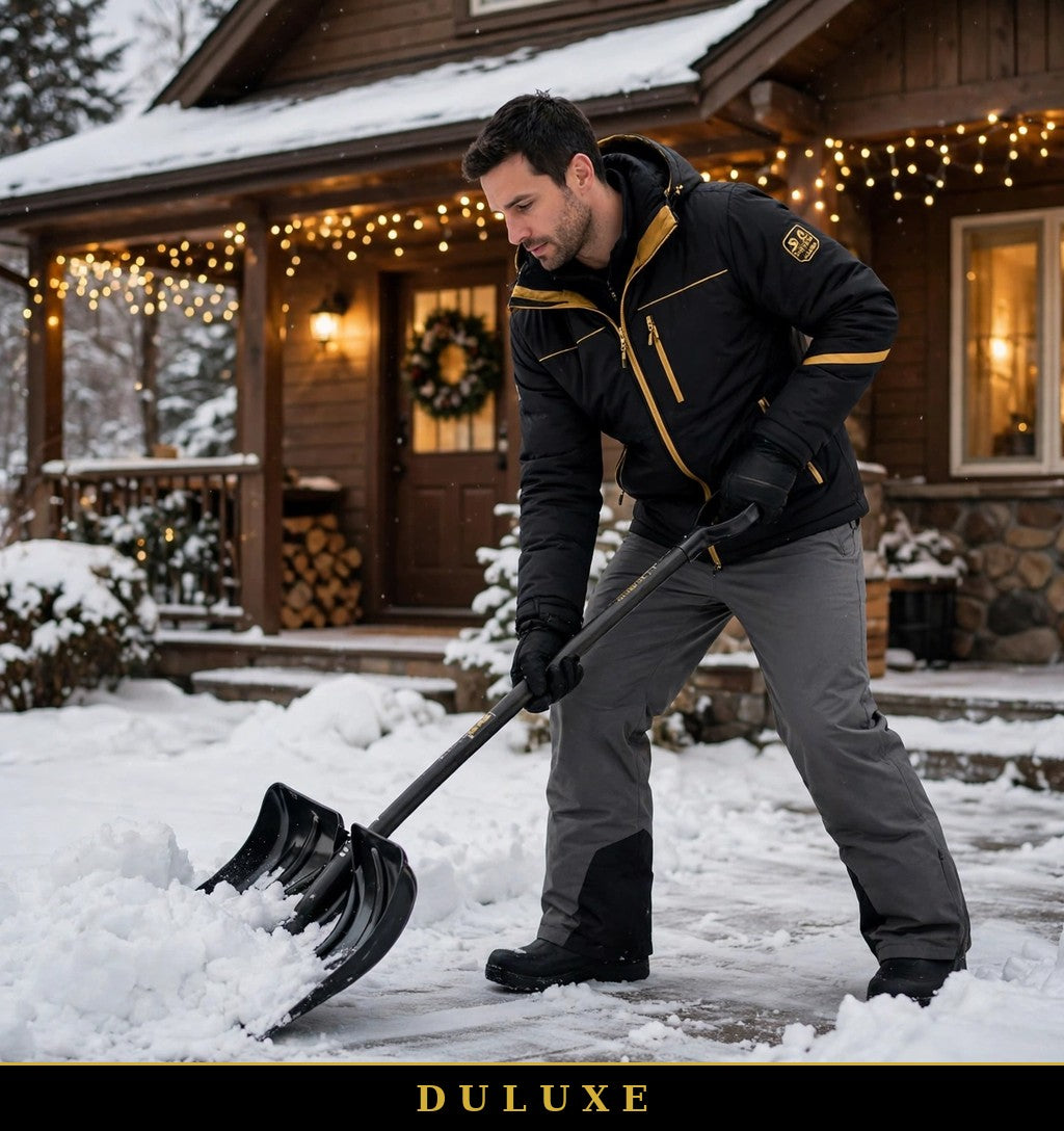 Homme en pantalon de neige gris DULUXE pelletant la neige devant sa maison