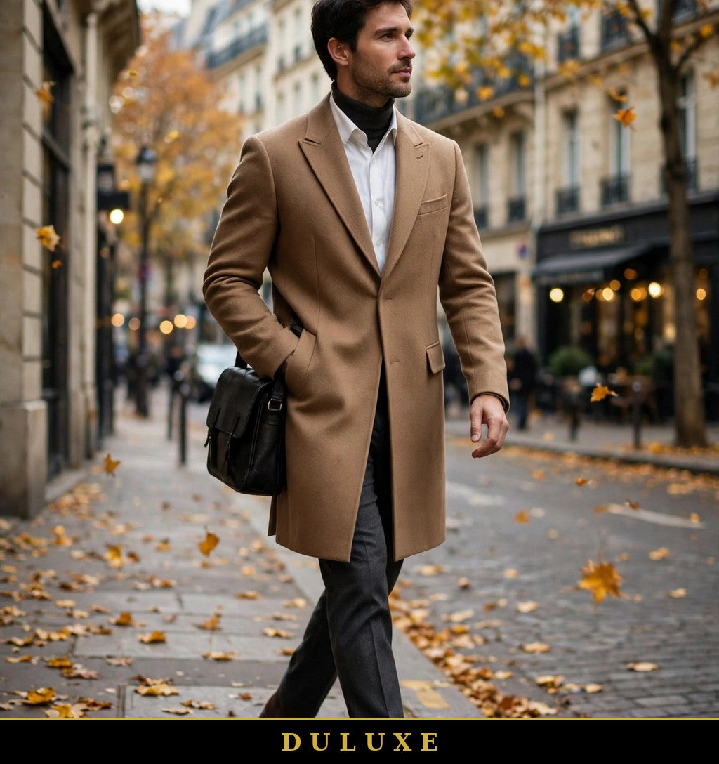 Homme en manteau structuré camel DULUXE marchant en ville en automne