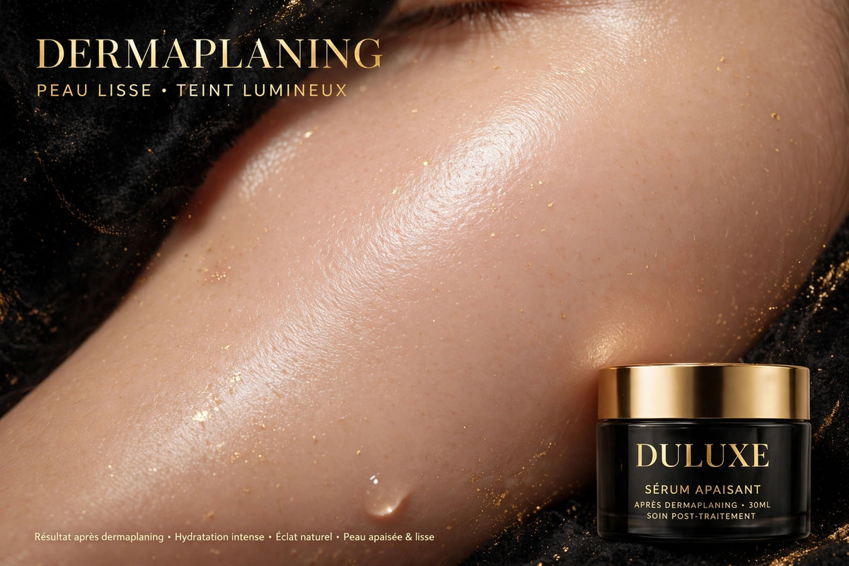 Gros plan d'une peau lisse et lumineuse après dermaplaning au spray identificateur DULUXE