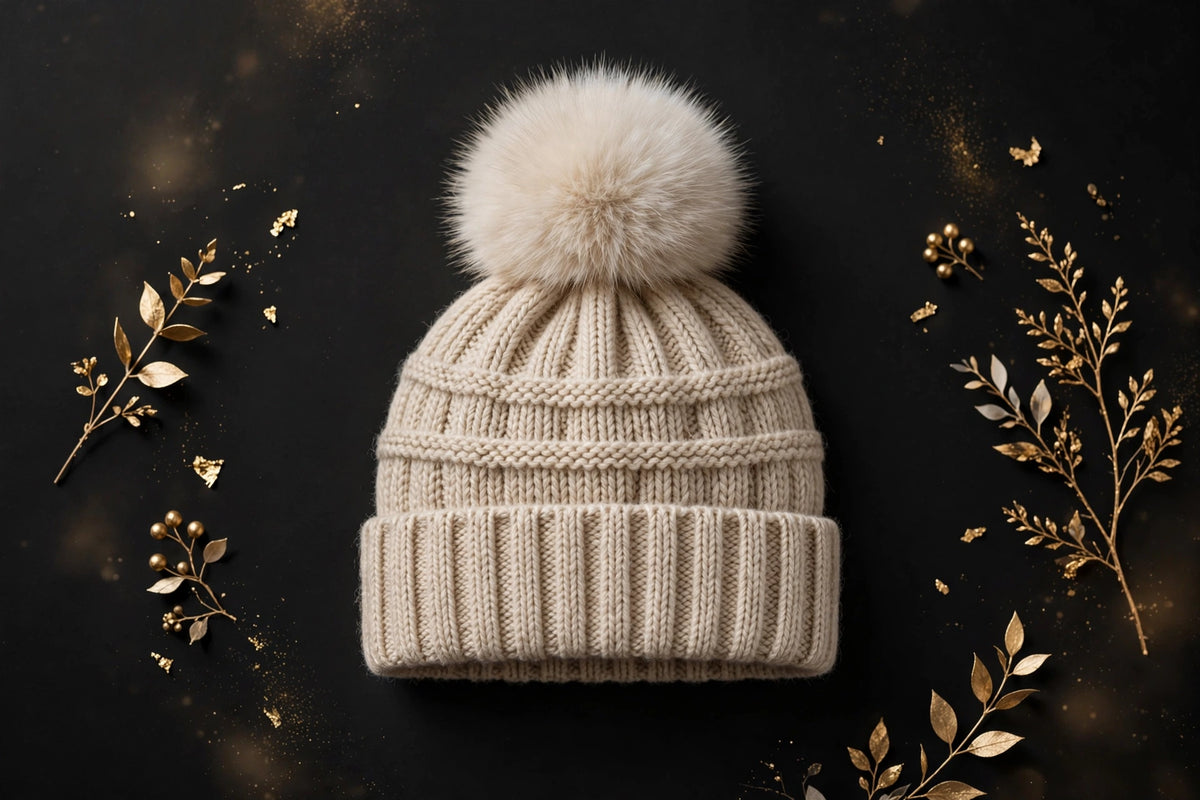 Bonnet d'hiver pour enfant avec pompon de l'ensemble 3 pièces DULUXE, présenté à plat sur fond élégant
