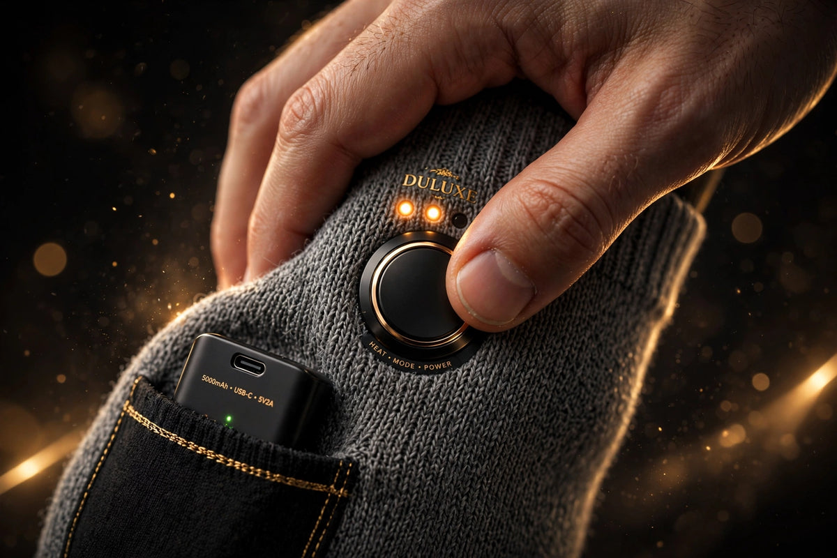 Gros plan sur le bouton de commande à 3 niveaux de chaleur et la batterie rechargeable USB des chaussettes chauffantes DULUXE