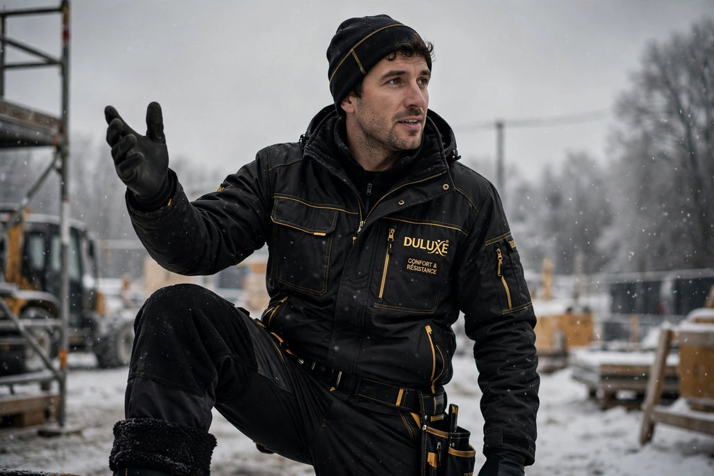 Homme au travail à l'extérieur en hiver portant le pantalon de travail doublé polaire, gestes libres et confortables