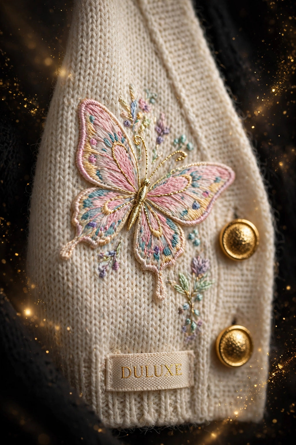 Gros plan du motif papillon brodé et des boutons dorés du cardigan pour enfant DULUXE