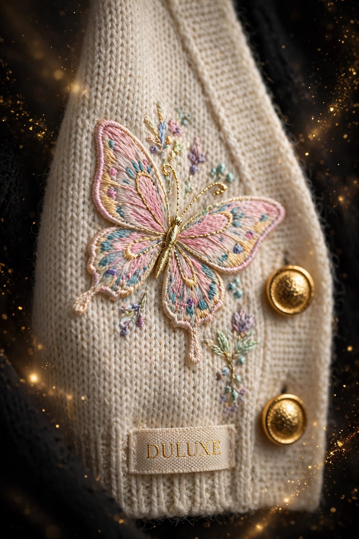 Gros plan du motif papillon brodé et des boutons dorés du cardigan pour enfant DULUXE