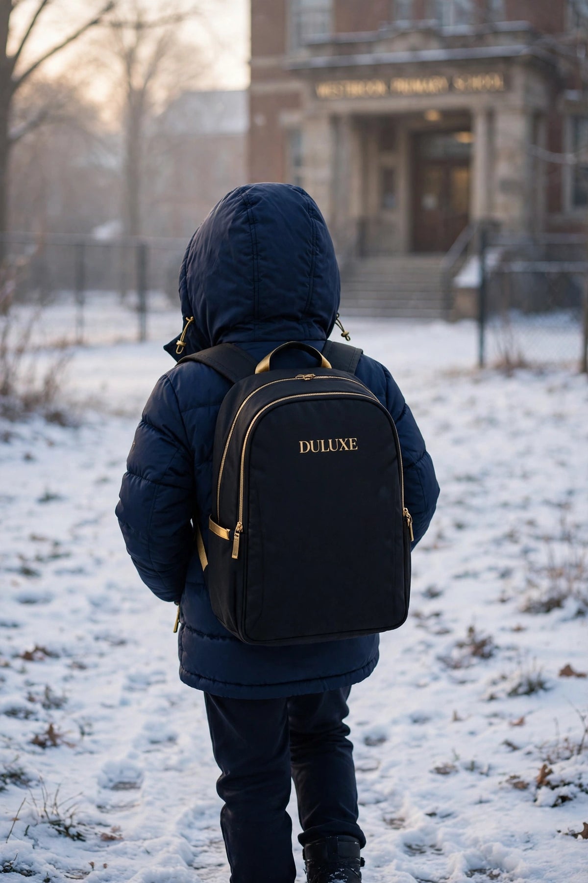 Enfant de dos marchant vers l'école avec son sac à dos, bien au chaud dans sa doudoune d'hiver à capuche