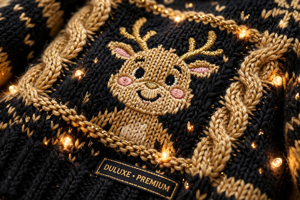 Gros plan sur le tricot doux et le motif renne du pull de Noël lumineux pour enfant, finition premium