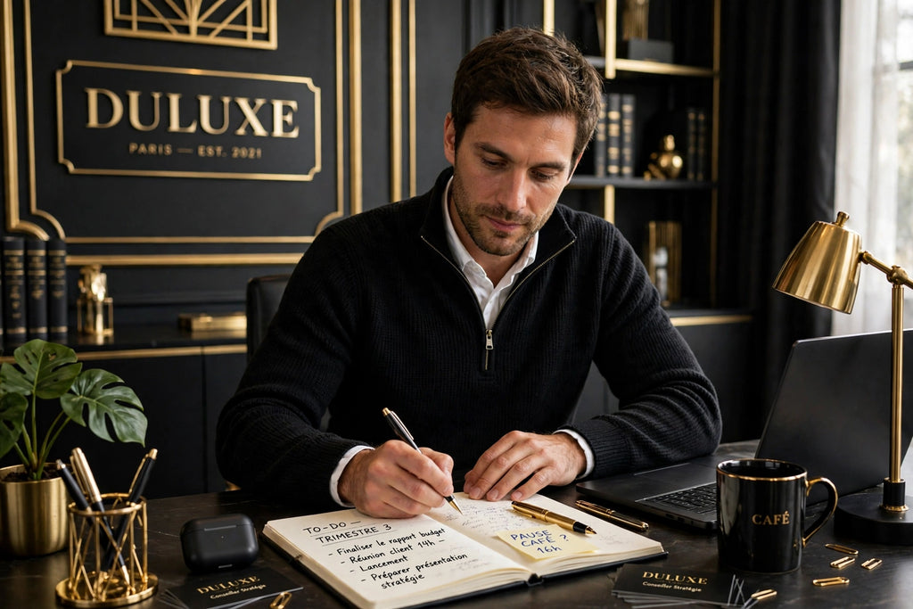 Pull à col zippé porté sur une chemise dans un bureau élégant, style DULUXE