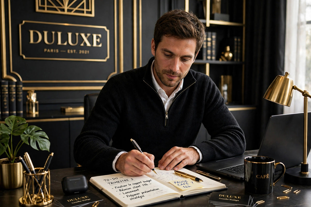 Pull à col zippé porté sur une chemise dans un bureau élégant, style DULUXE