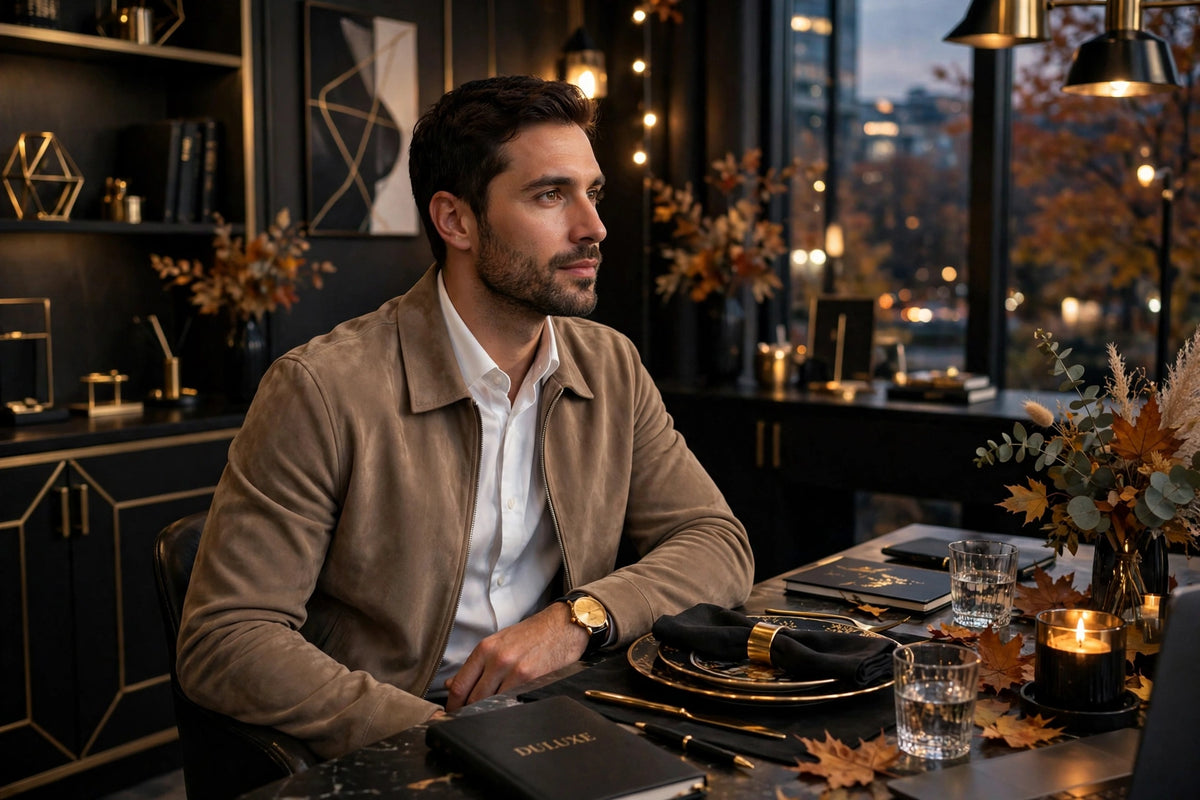 Veste en suède pour homme portée lors d'un souper élégant et au bureau, style raffiné DULUXE