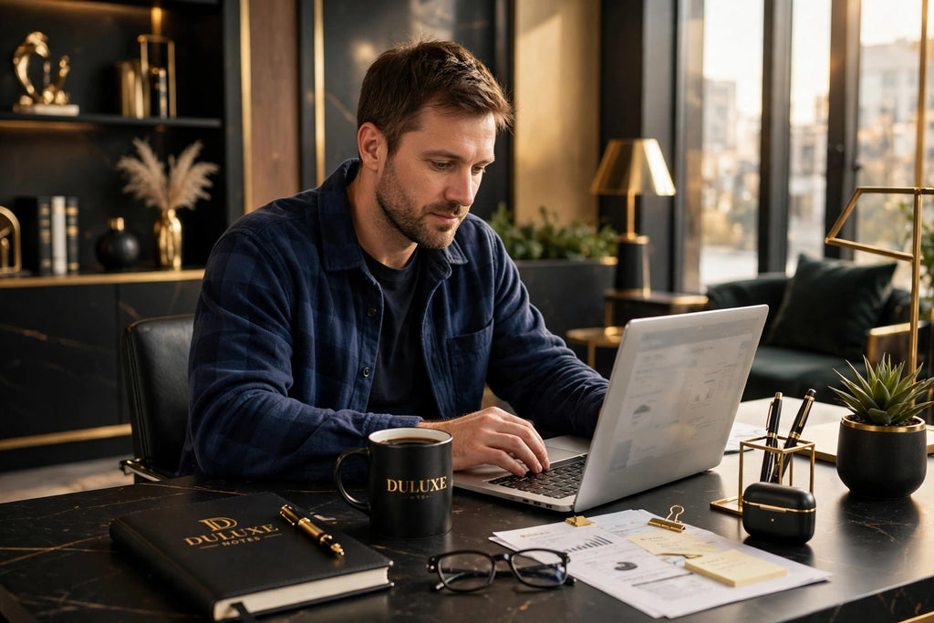Surchemise en flanelle pour homme portée au bureau dans un cadre élégant, style DULUXE