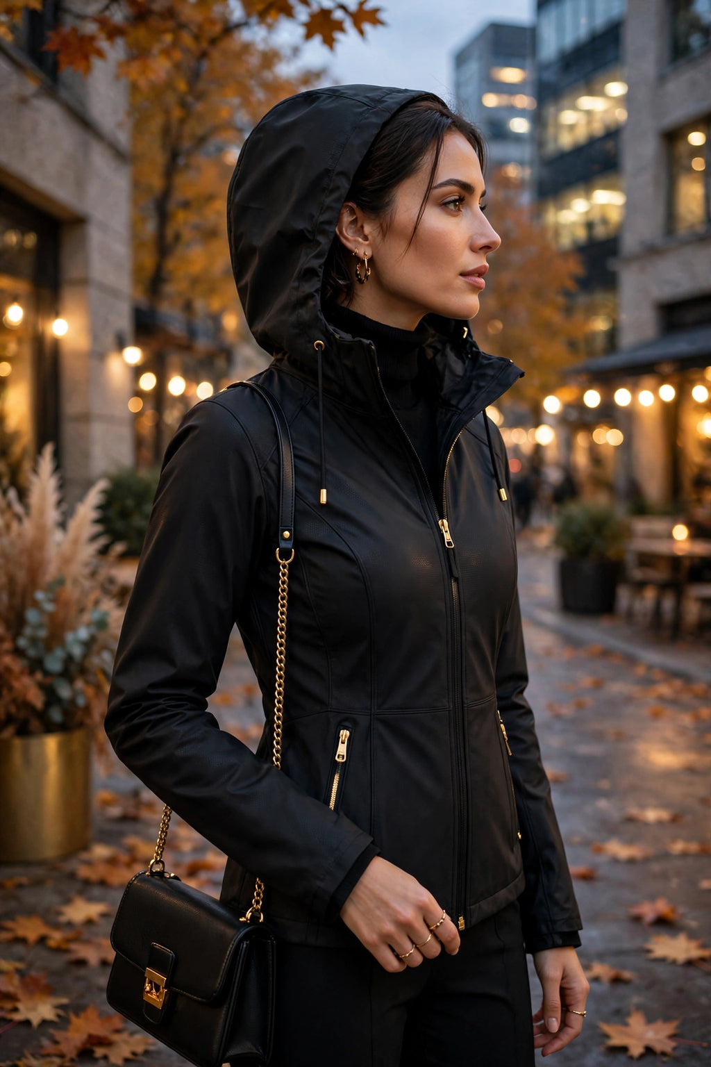 Veste softshell femme noire portée en lifestyle, du bureau à la sortie, allure élégante d'automne