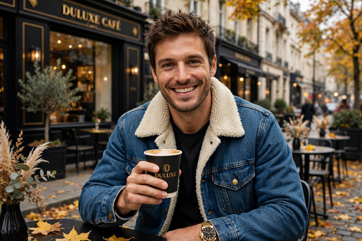 Veste en jean sherpa portée en lifestyle en ville, allure décontractée premium