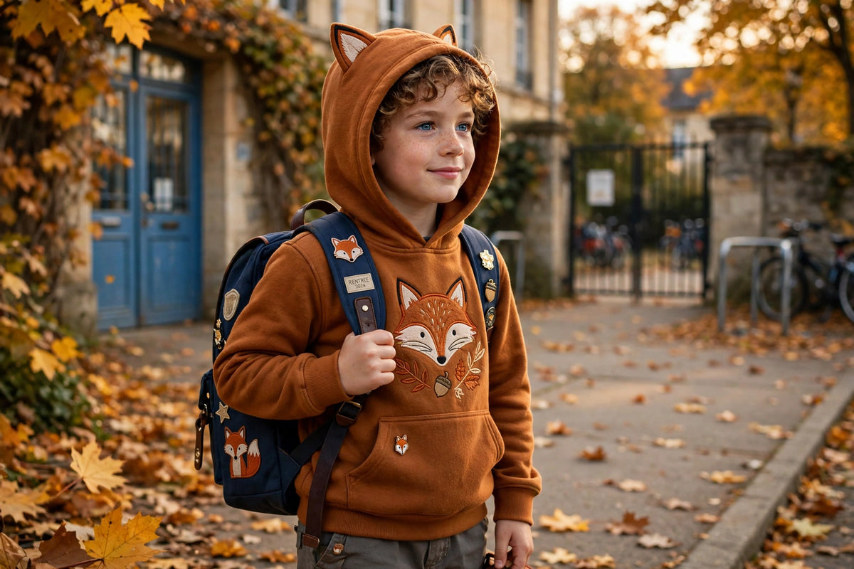 Sweat à capuche renard porté pour la rentrée à l'école, style lifestyle DULUXE