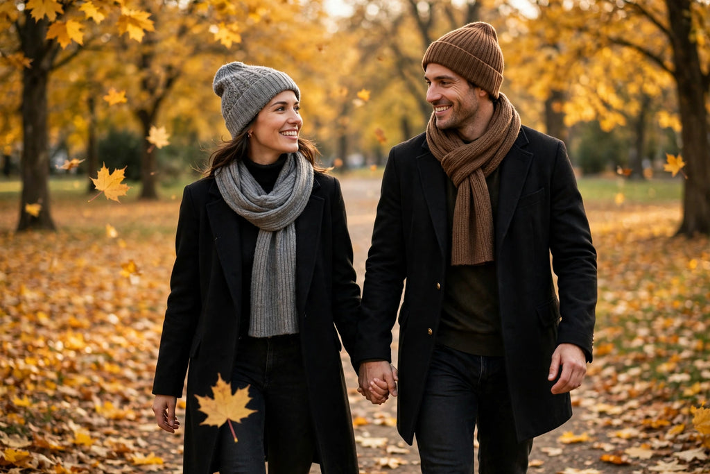 Couple en promenade automnale portant des bonnets tricotés douillets