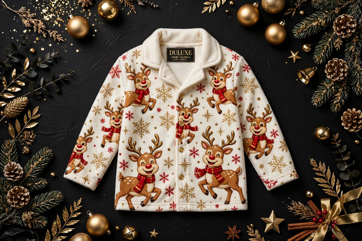 Haut de pyjama polaire de Noël enfant à plat, motifs rennes joyeux et flocons des Fêtes en rouge, crème et doré