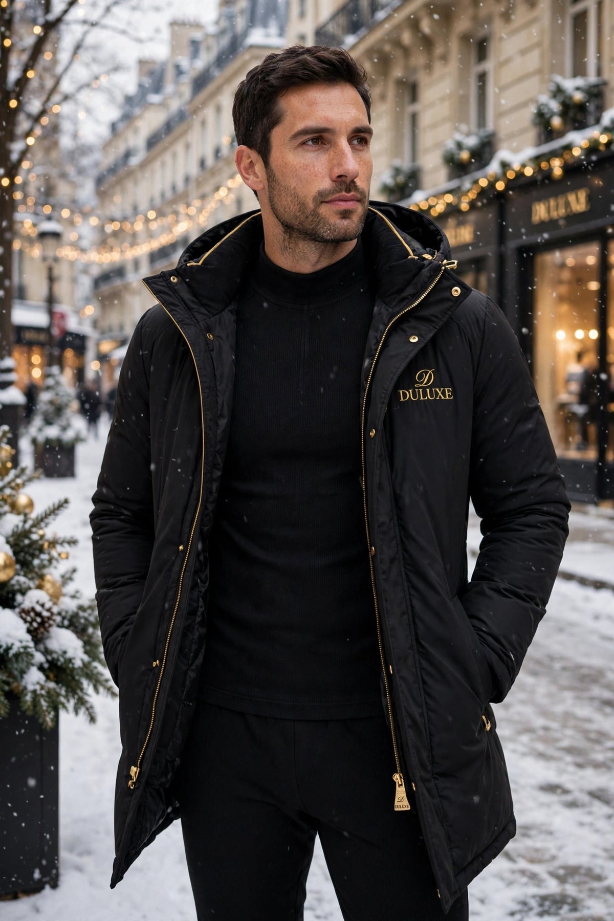 Ensemble thermique noir pour homme porté en couche de base sous un manteau d'hiver, discret et ajusté, dans une rue enneigée