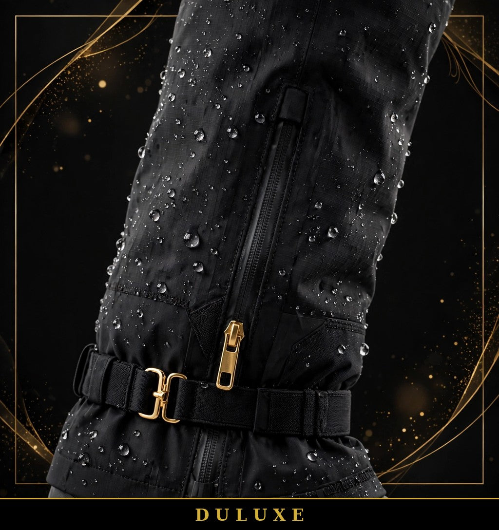 Gros plan sur le tissu imperméable déperlant du pantalon de neige DULUXE