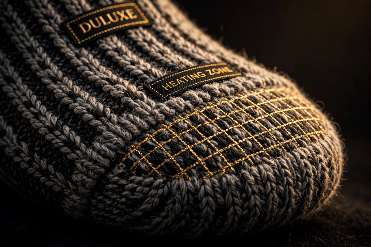 Détail du tissu épais et respirant des chaussettes chauffantes, zone chauffante renforcée au niveau des orteils