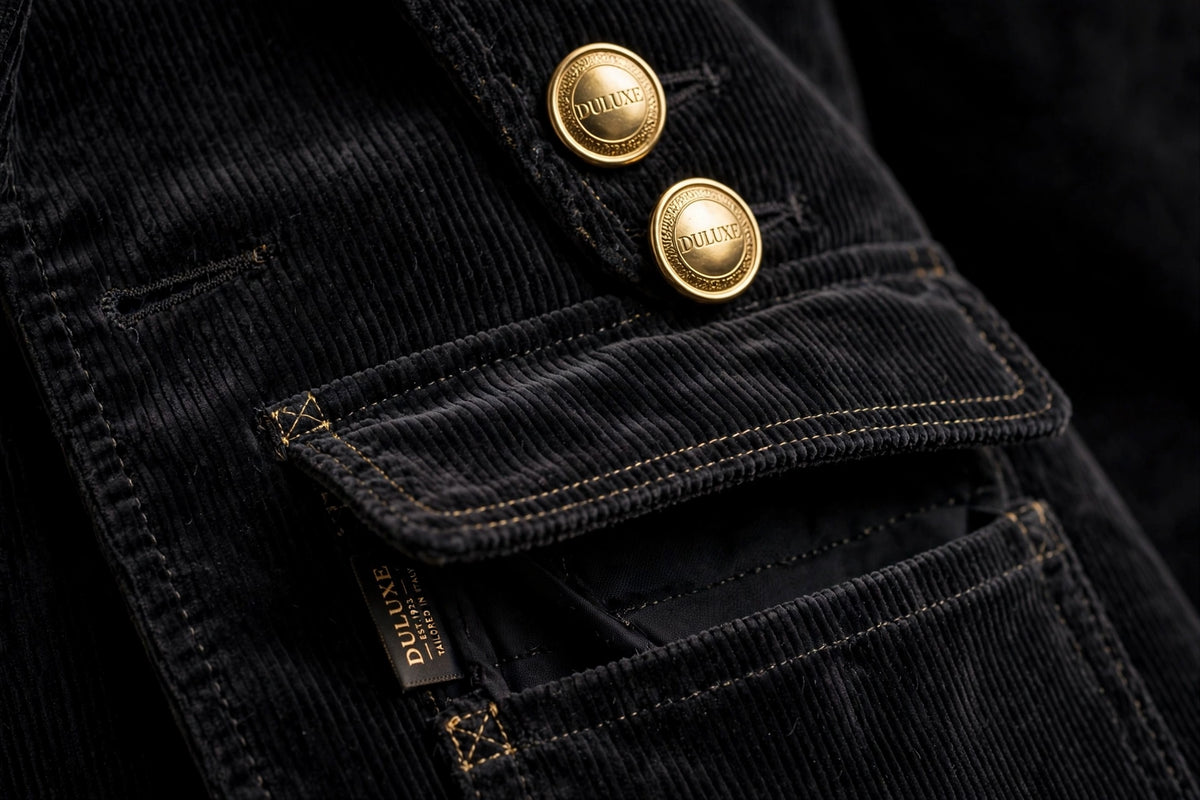 Détail des boutons et des poches de la veste en velours côtelé pour homme, finitions soignées