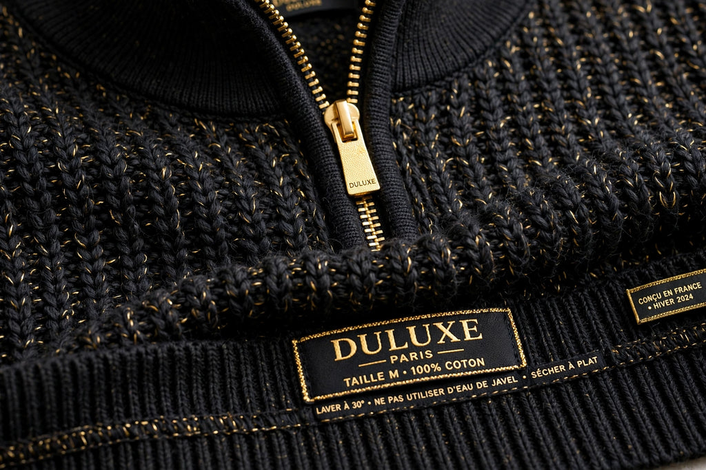 Détails du pull à col zippé : poignets côtelés, ourlet et texture de maille