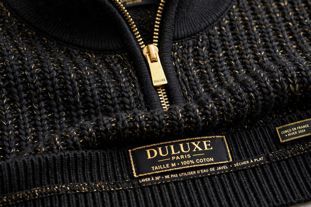 Détails du pull à col zippé : poignets côtelés, ourlet et texture de maille