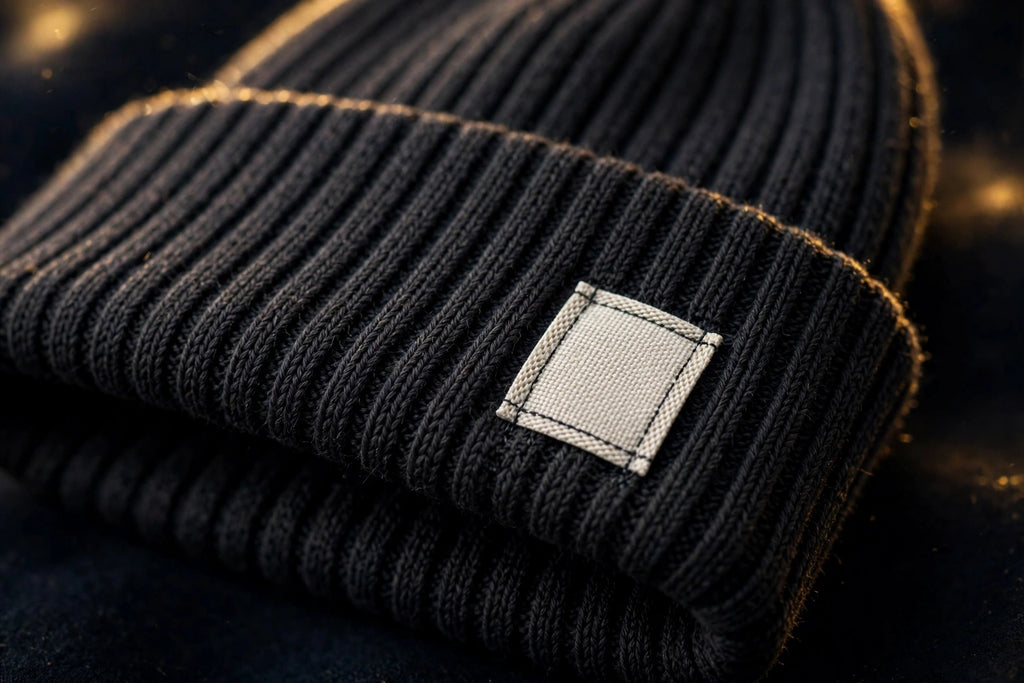 Détail de l'étiquette et des finitions soignées du bonnet tricoté