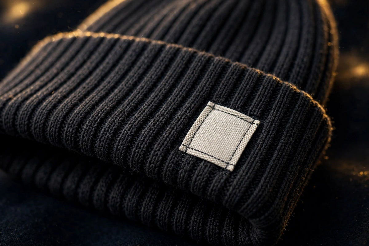 Détail de l'étiquette et des finitions soignées du bonnet tricoté