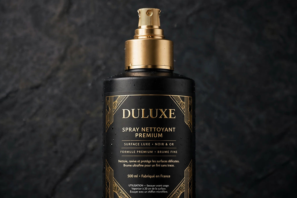 Détails du flacon spray DULUXE : buse fine et étiquette premium noire et dorée