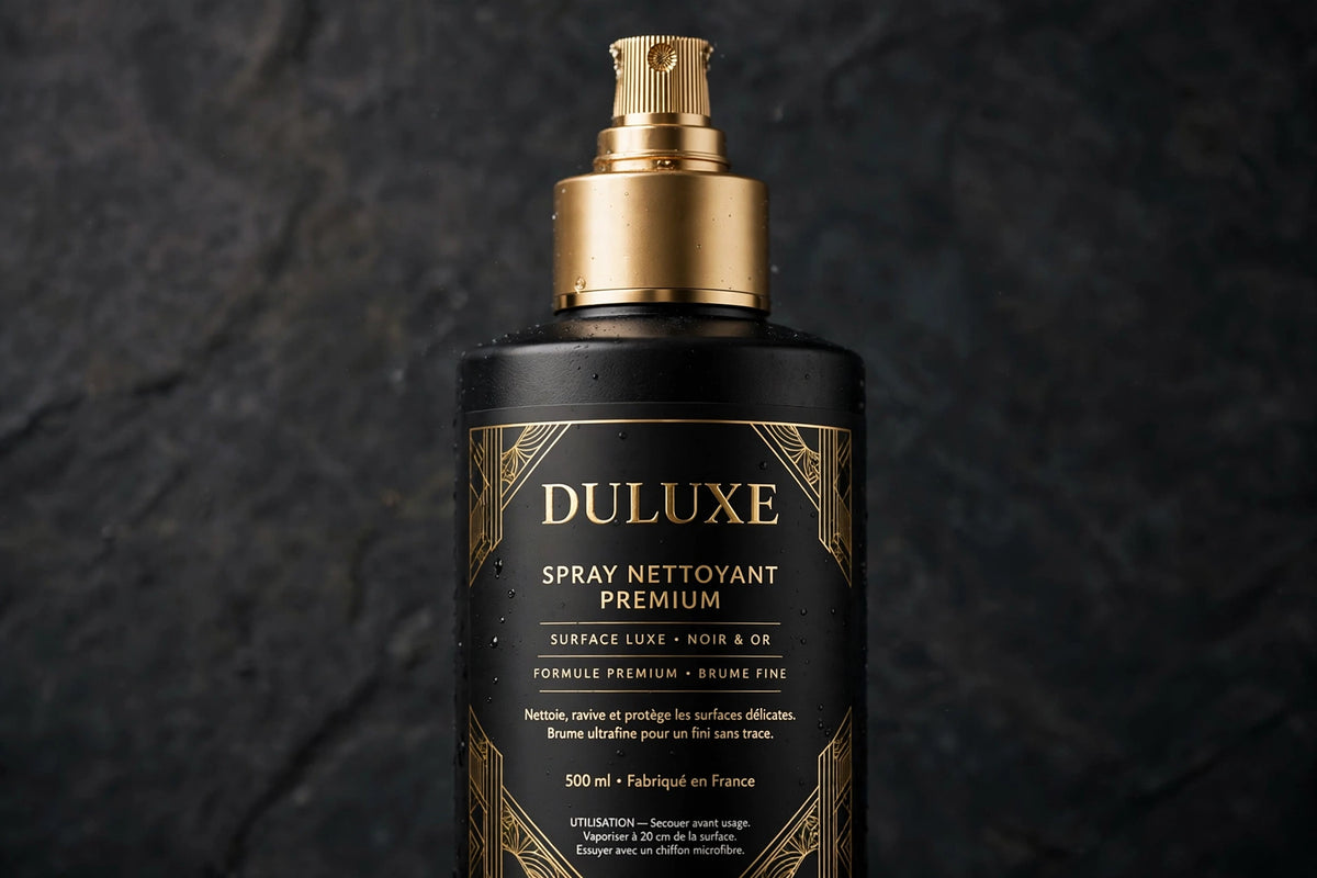 Détails du flacon spray DULUXE : buse fine et étiquette premium noire et dorée