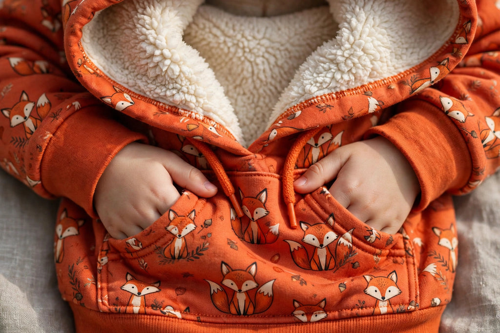 Détails du sweat renard : capuche doublée et poche kangourou