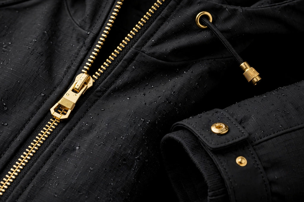 Détails de la veste softshell : fermetures dorées, capuche et finitions techniques