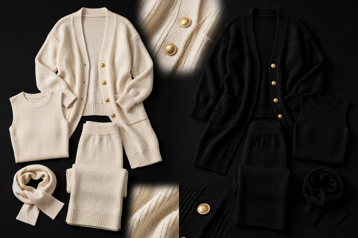 Détails des 4 pièces de l'ensemble cardigan pour femme : cardigan long, top assorti, jupe en maille et foulard ceinture DULUXE