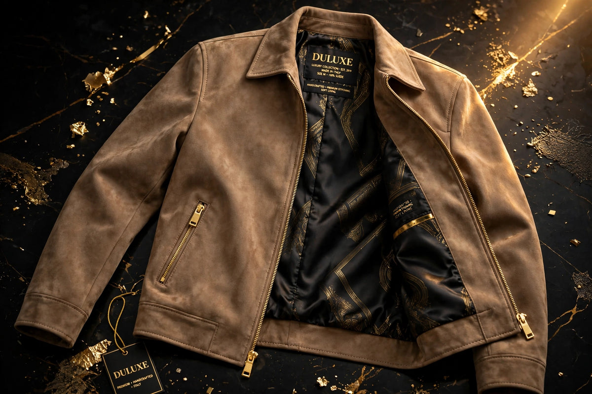 Détails de la veste en suède pour homme : poches zippées, doublure lisse et finitions premium