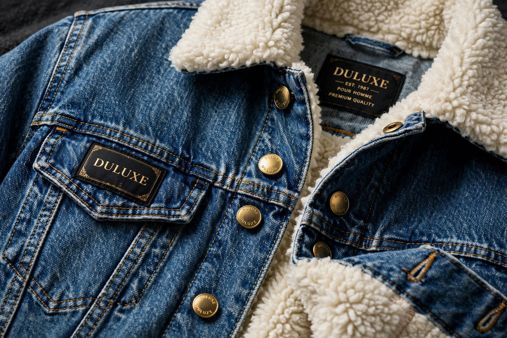 Détails de la veste en jean homme : boutons métalliques, poches poitrine et coutures denim