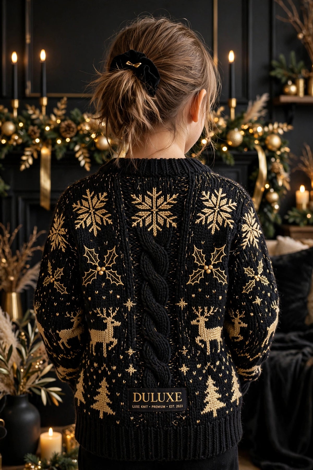 Dos du pull de Noël en tricot doux pour enfant, porté dans un salon décoré pour les Fêtes